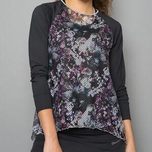 Denise Cronwall Activewear Long Sleeve Mesh Sheer Top Black Multi-Color Floral M